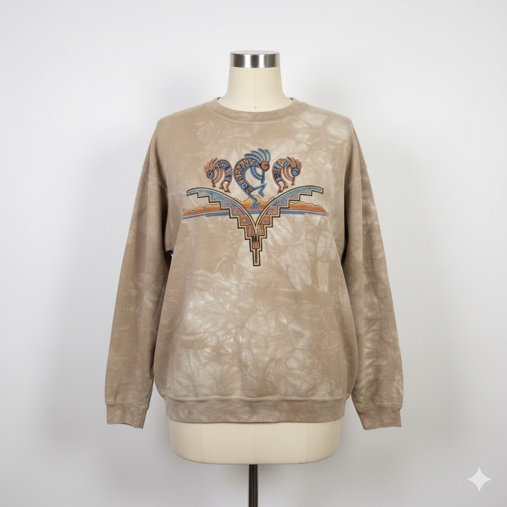 Vintage Nathan Richards Painted Sky Kokopelli Beige Tie Dye Sweatshirt Large 90s